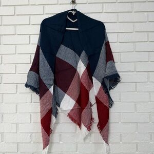 Wander Agio Plaid Wrap Poncho – Blue & Burgundy – NWT